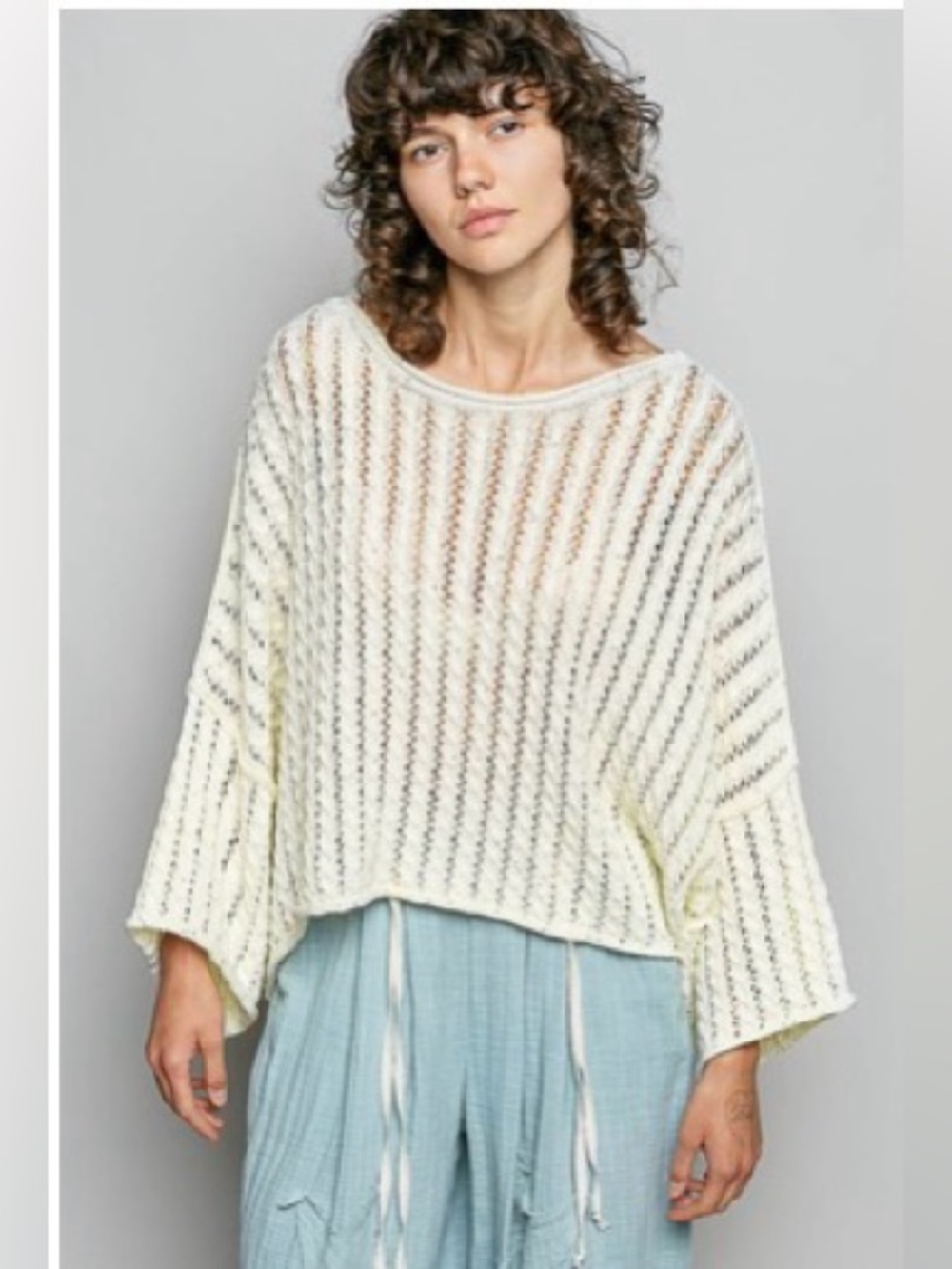 POL Open-Knit Cream Scoop-Neck Sweater